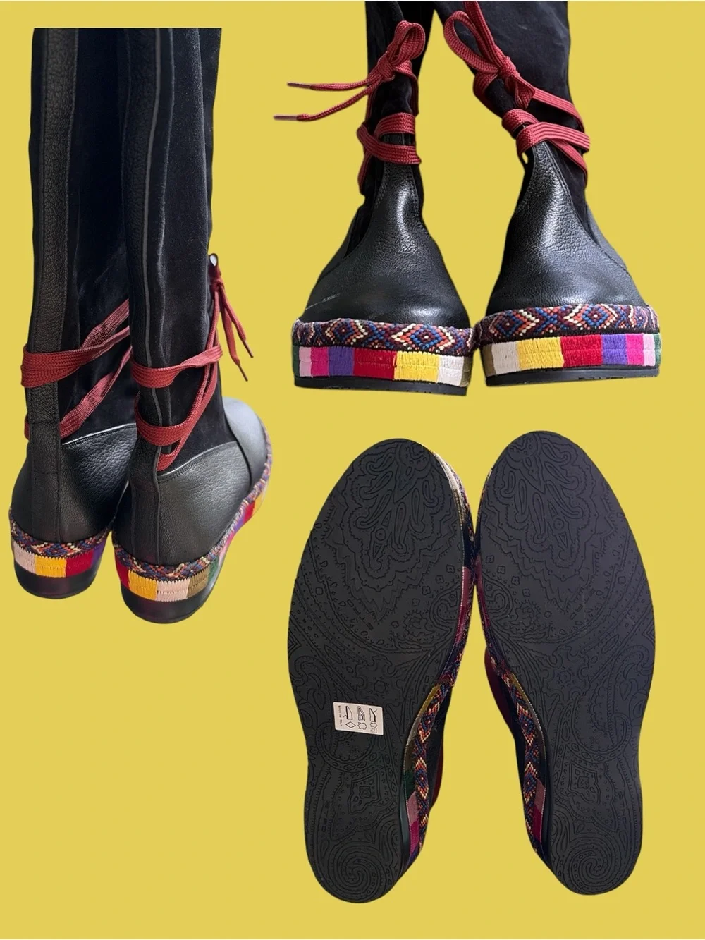 Etro Black Knee-High Wedge Boots with Multicolor Trim